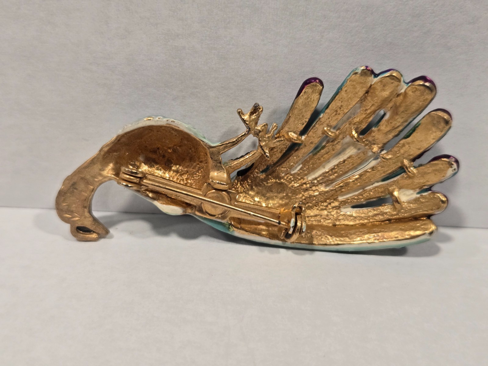 Vintage Enamel Peacock Brooch Gold Tone Blue Green Purple Figural Bird
