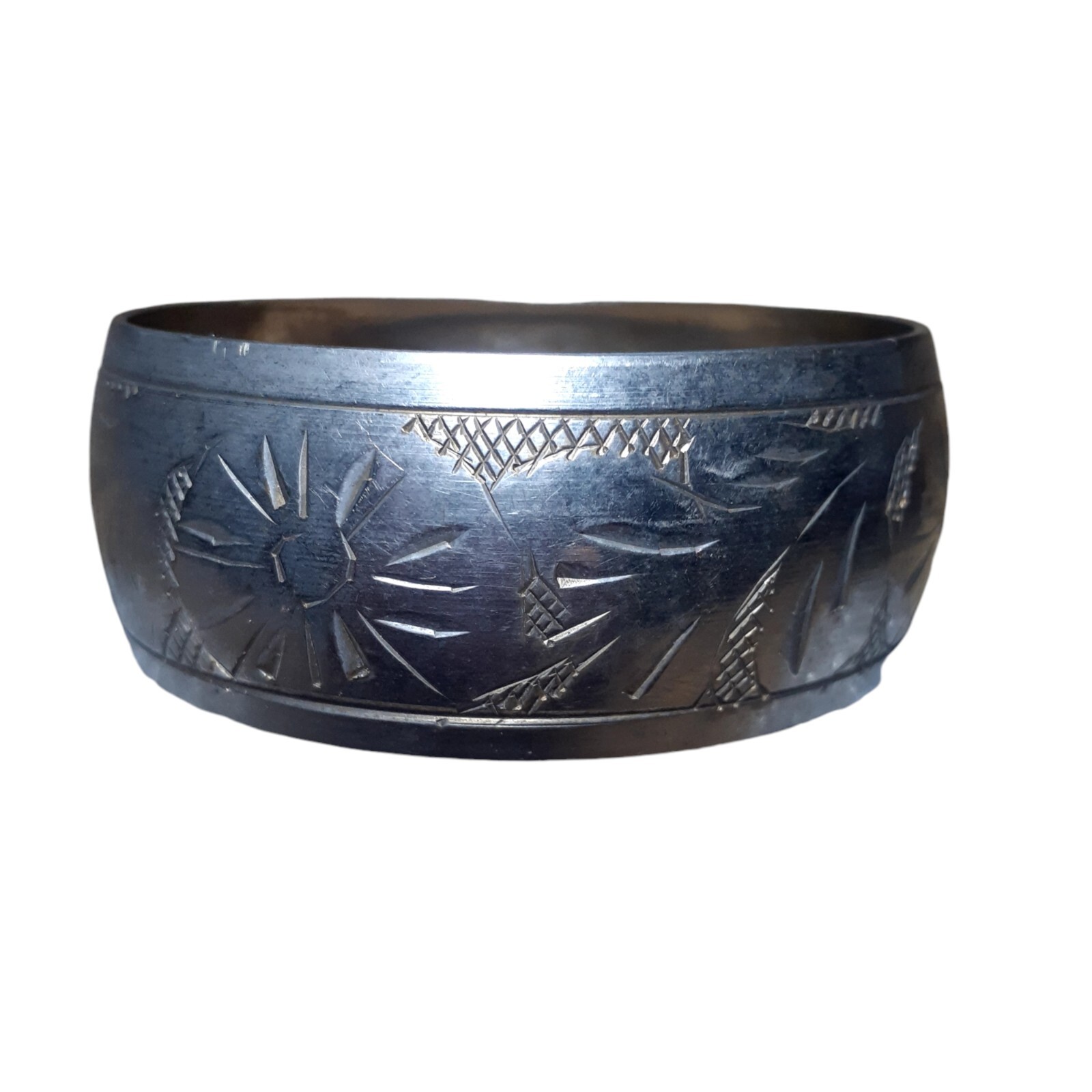 Vintage Etched Wide Bangle Bracelet Silver or Pewter1″ Tarnished