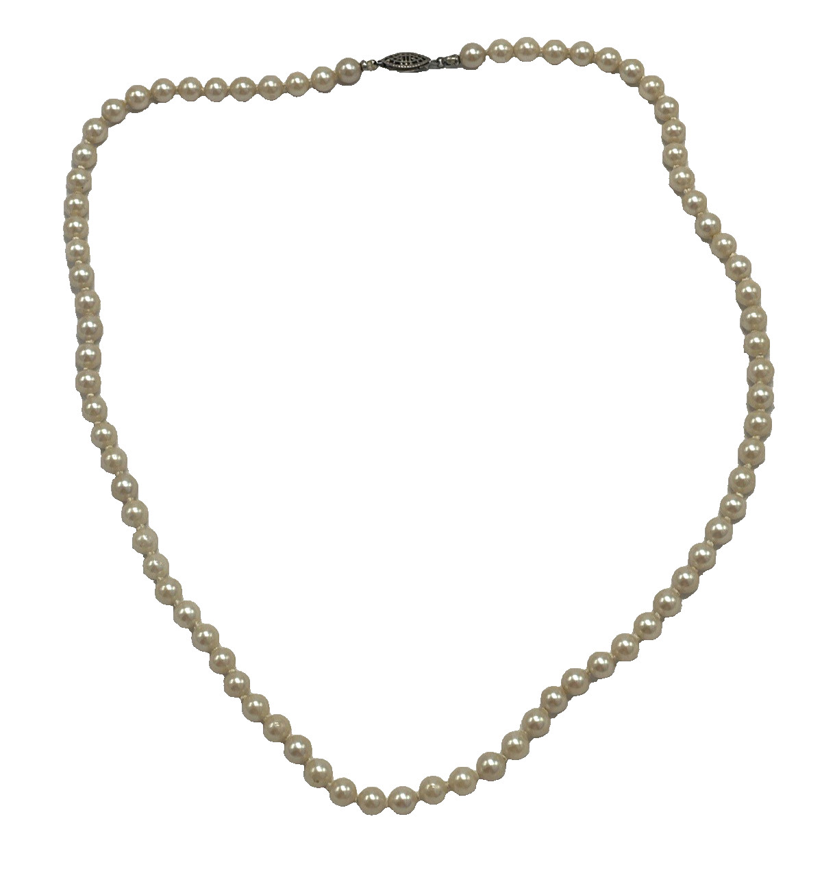Antique/Vintage Hand Knotted Faux Pearl Necklace Sterling Fish Hook Filigree Cla