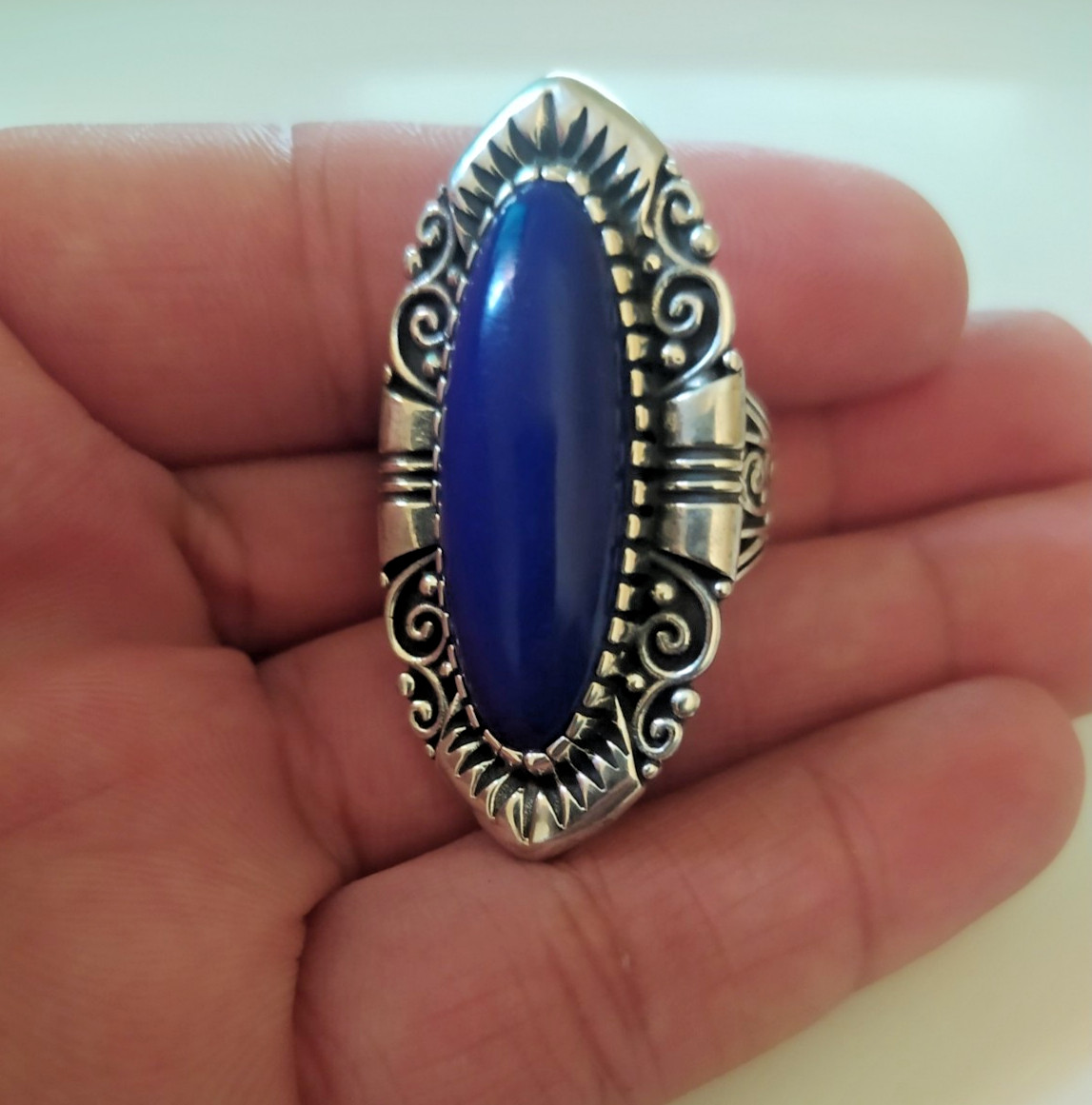 Ancient Vintage Victorian Sterling Silver Ring Blue Lapis lazuli Stone Size 8.5