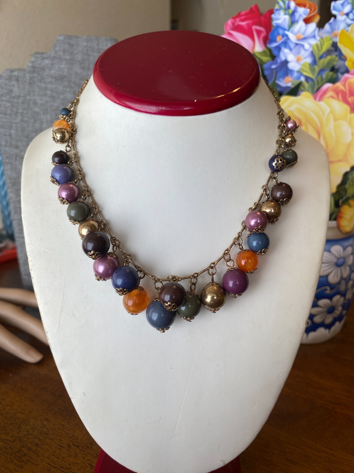Vintage Colorful Cha-Cha Style Mixed Bead Necklace Gold Plated Bar-Link Chain