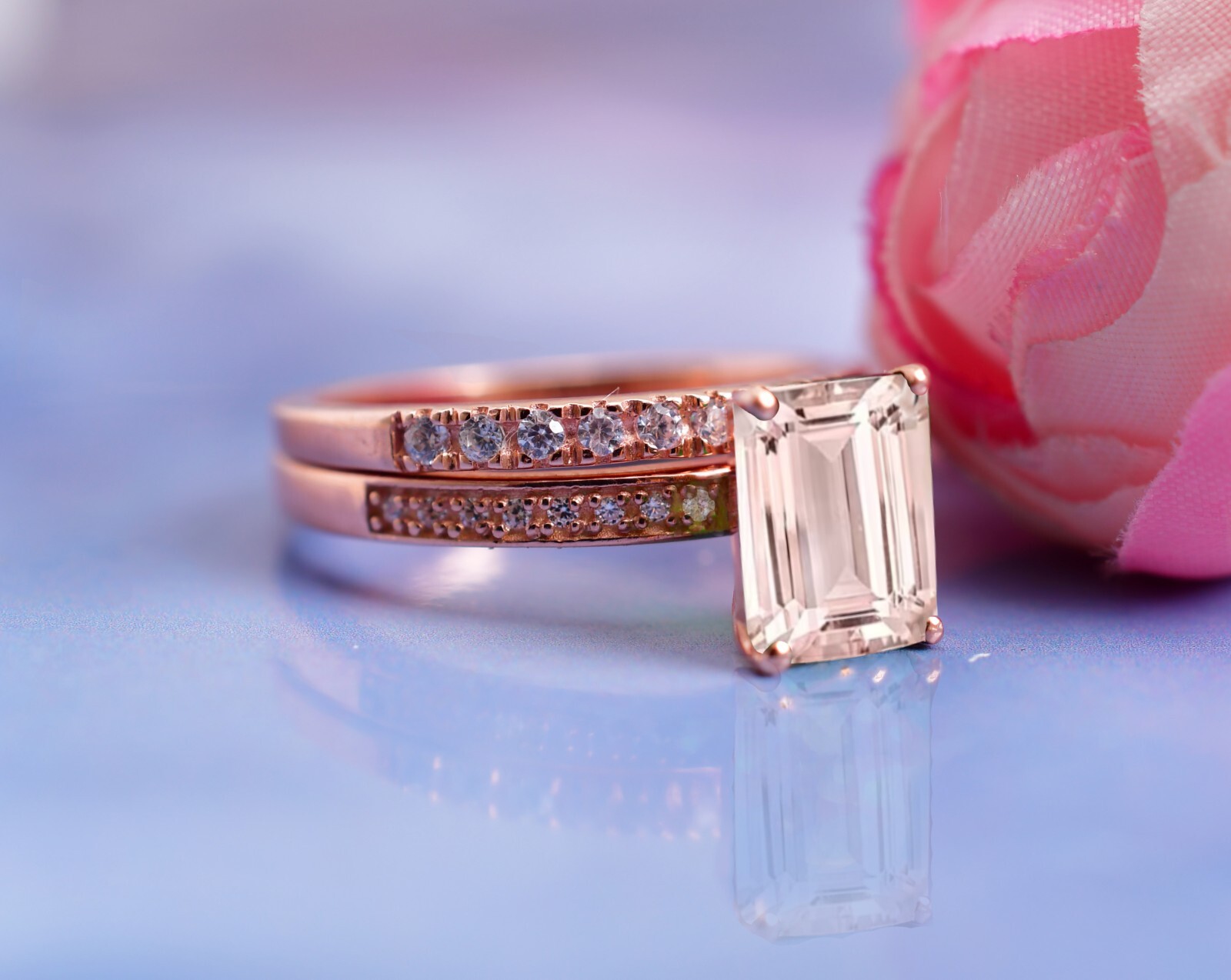 Emerald Cut Morganite Ring Set Engagement Rings Moissanite Cluster Wedding Rings