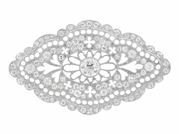 Millegrain Detailed Lozenge Shape Outline Old European Cut 2.66CT CZ Fine Brooch