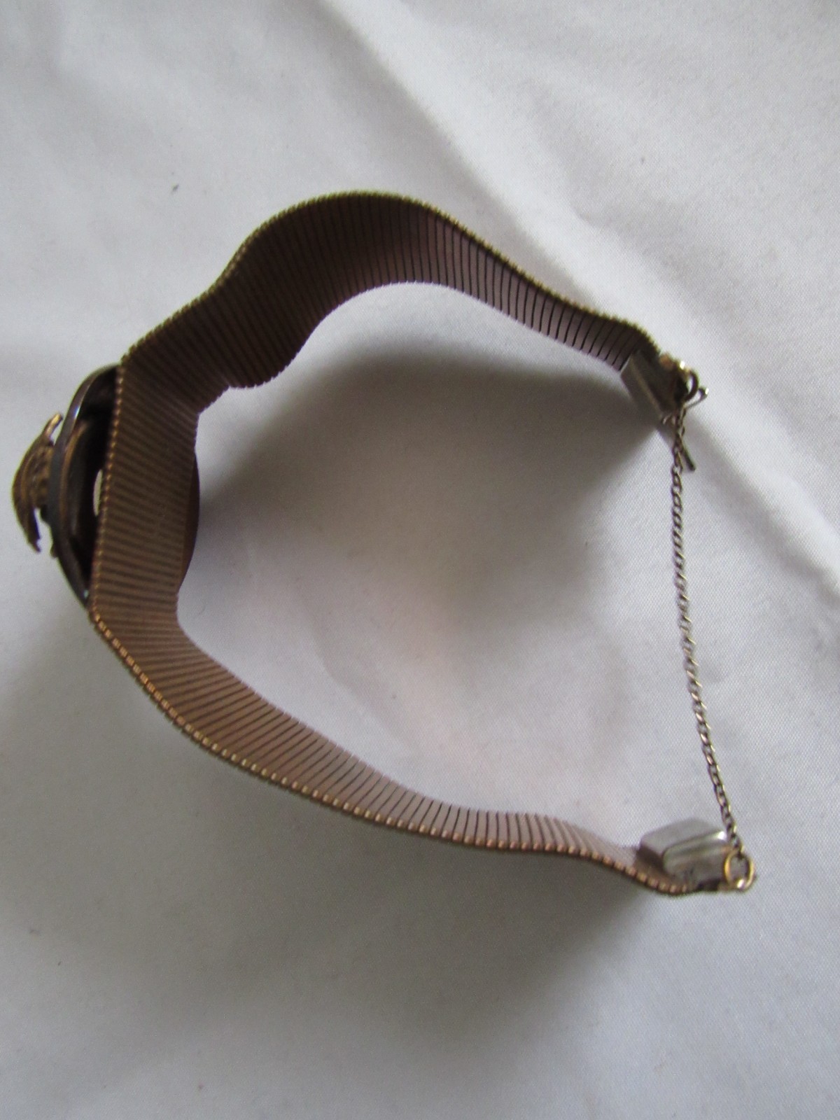 Brass Mesh Vintage Bracelet with Center Stone Medallion & Safety Chain Clasp