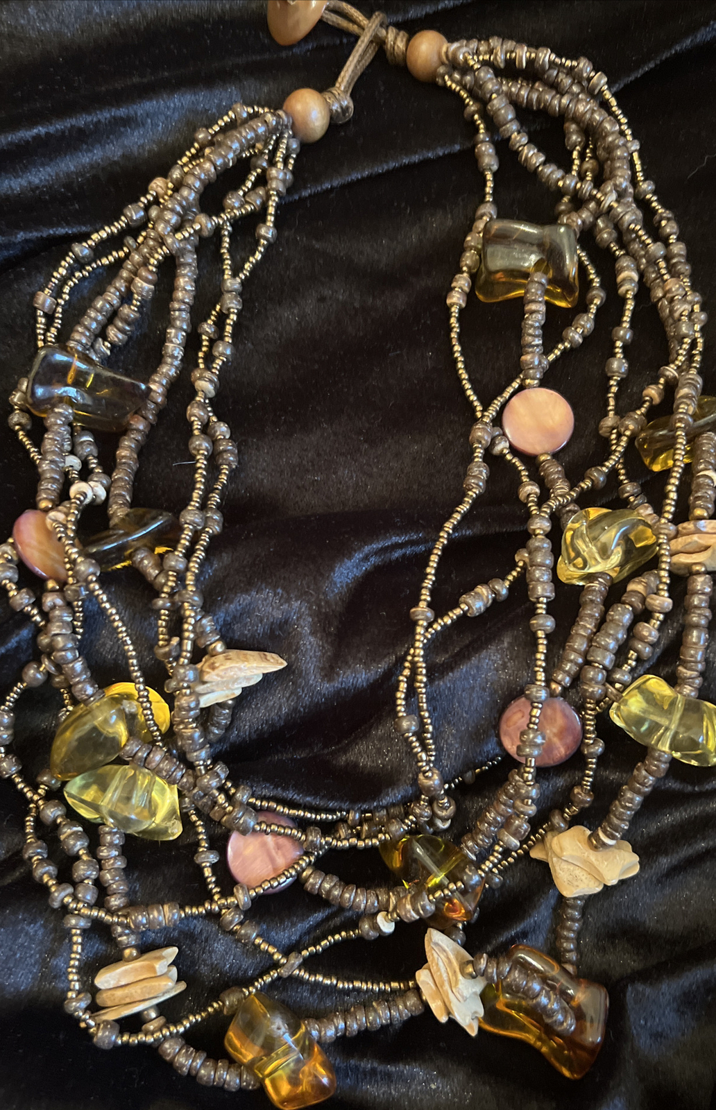 1946 Brand Brown Gold Color Lucite MOP And Wood Bead Multilayer Necklace Vtg