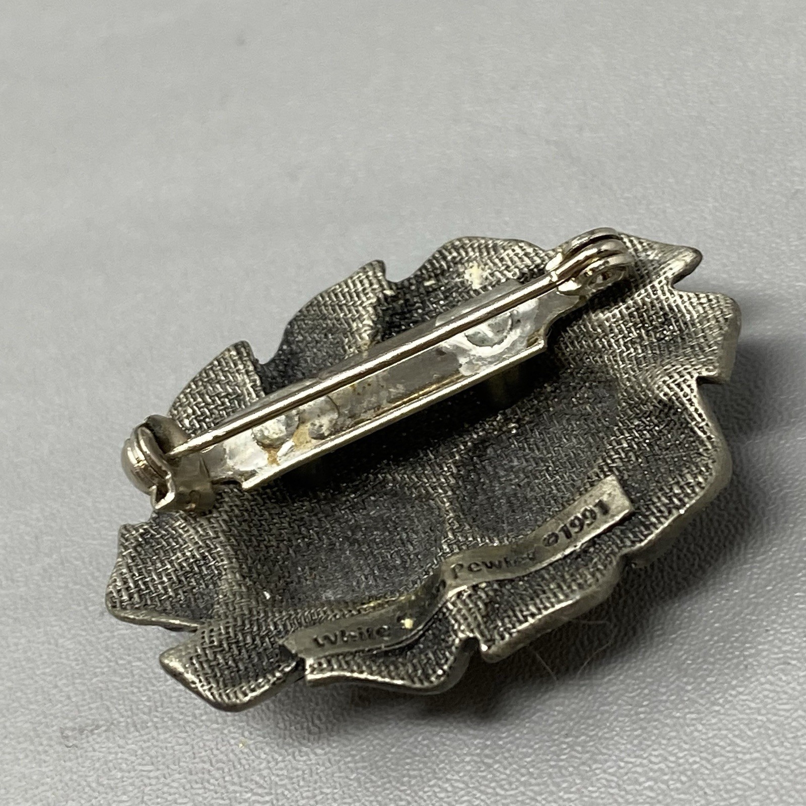 White Swan VTG Pewter Brooch Pin Double Rose Leaf Stacked Edge Silver Tone 1991