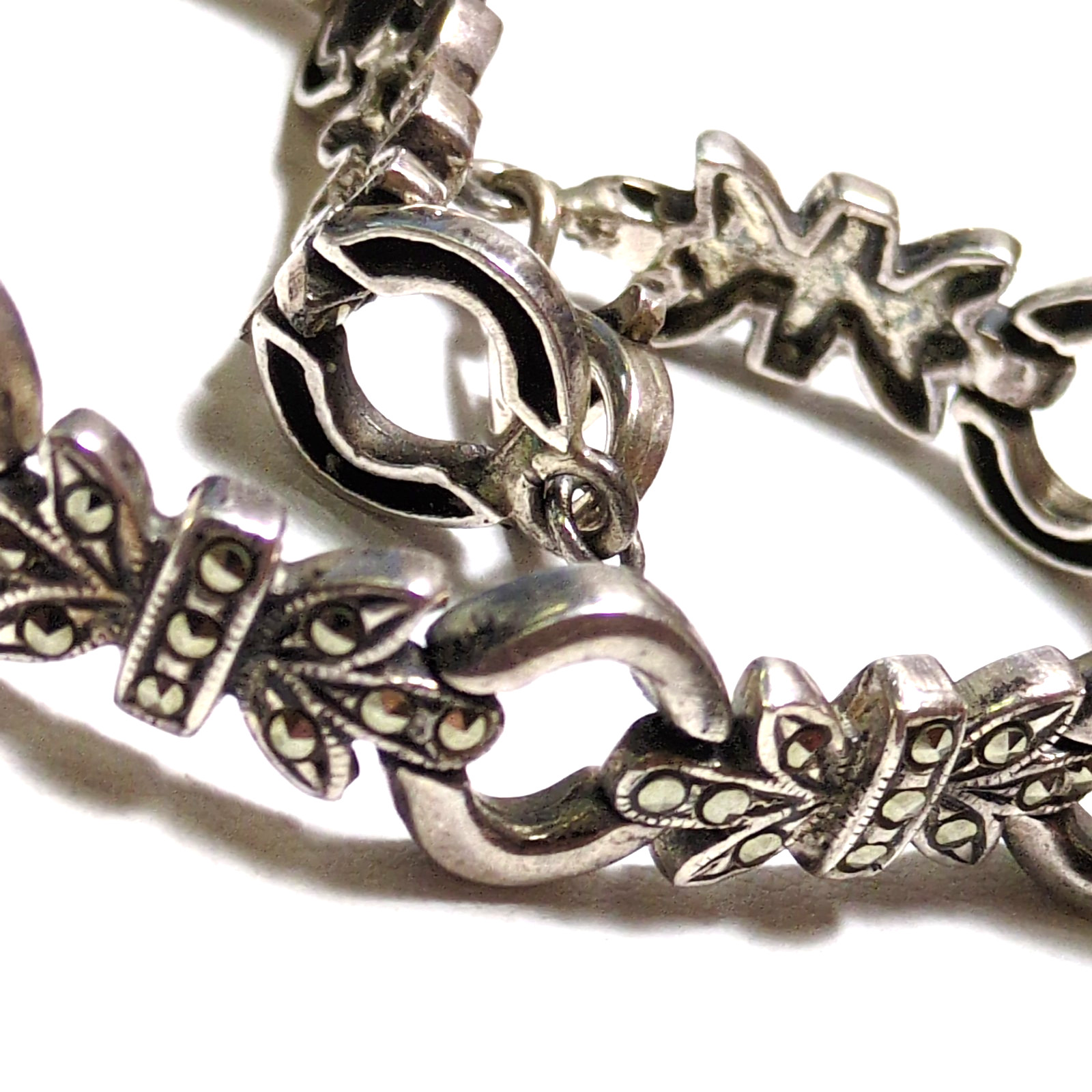 Gothic Art Deco Style Sterling Silver Marcasite Ornate Link Bracelet 8″