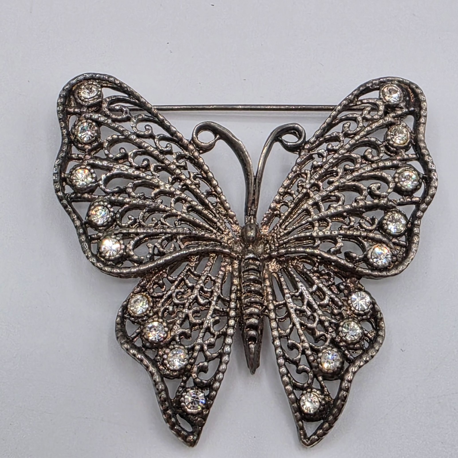 Vintage Filigree Butterfly Brooch Rhinestone Silver Tone Metal Pin Jewelry