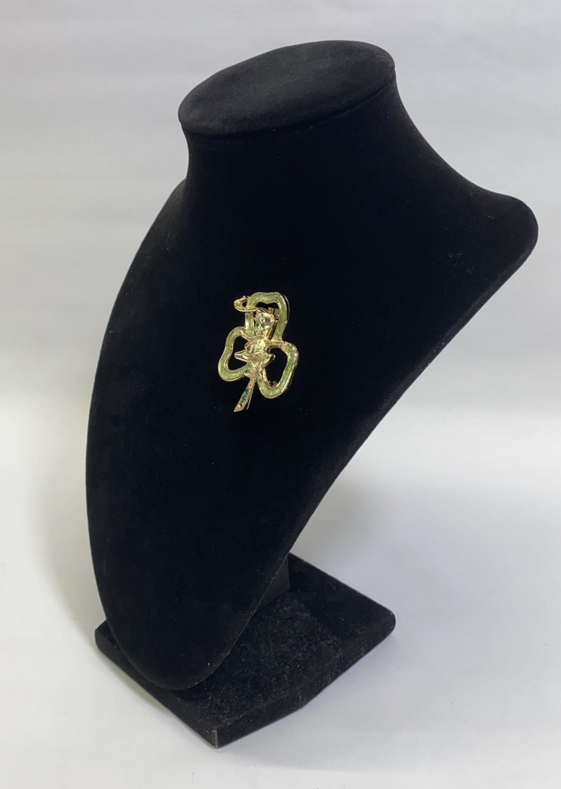 Signed BJ Leprechaun Shamrock Brooch Pin With Emerald Green Rhinestone Eyes