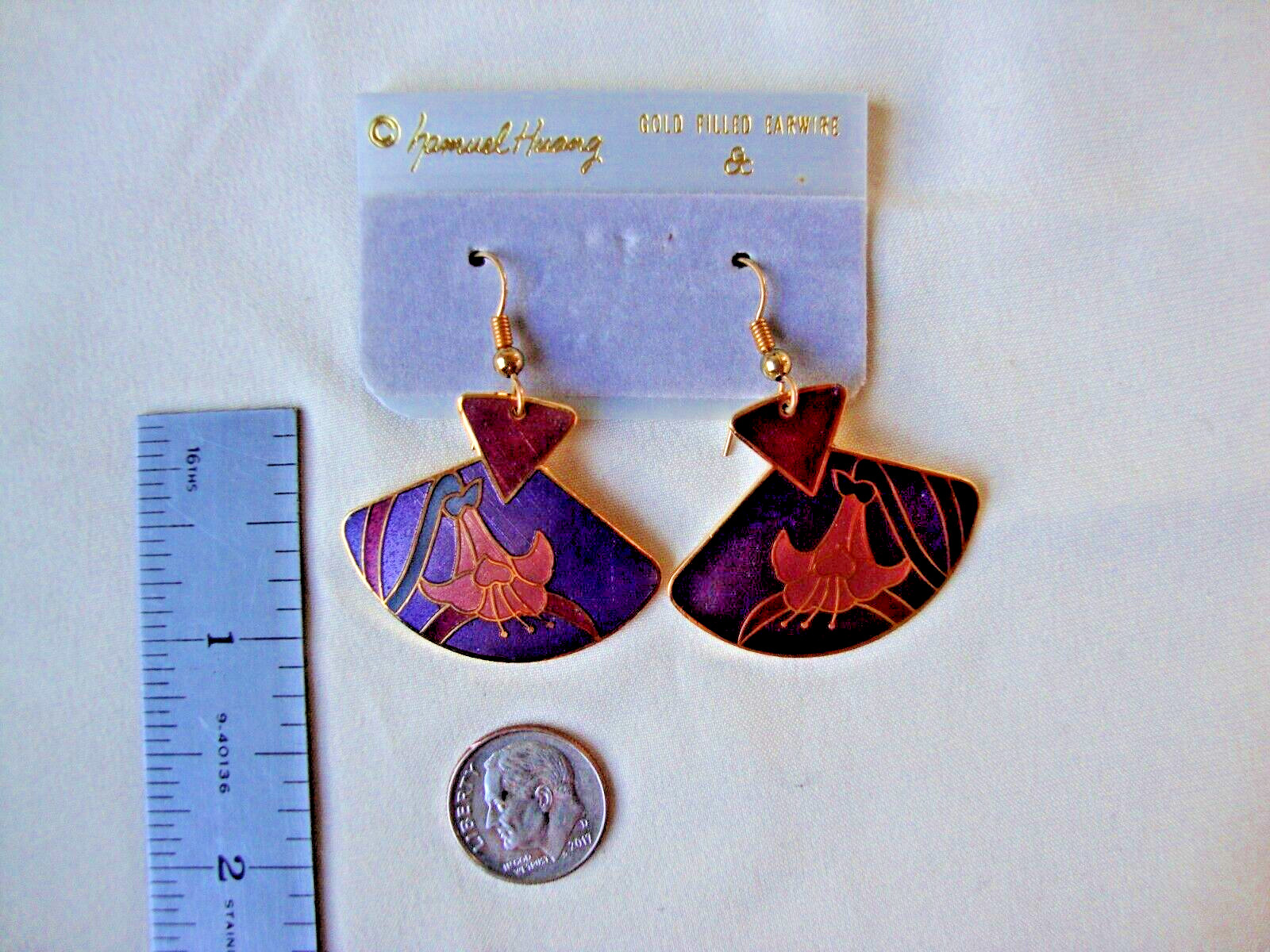VINTAGE SAMUEL HUANG DESIGNER CLOISONNE LILLY PINK RED GREEN & PURPLE EARRINGS