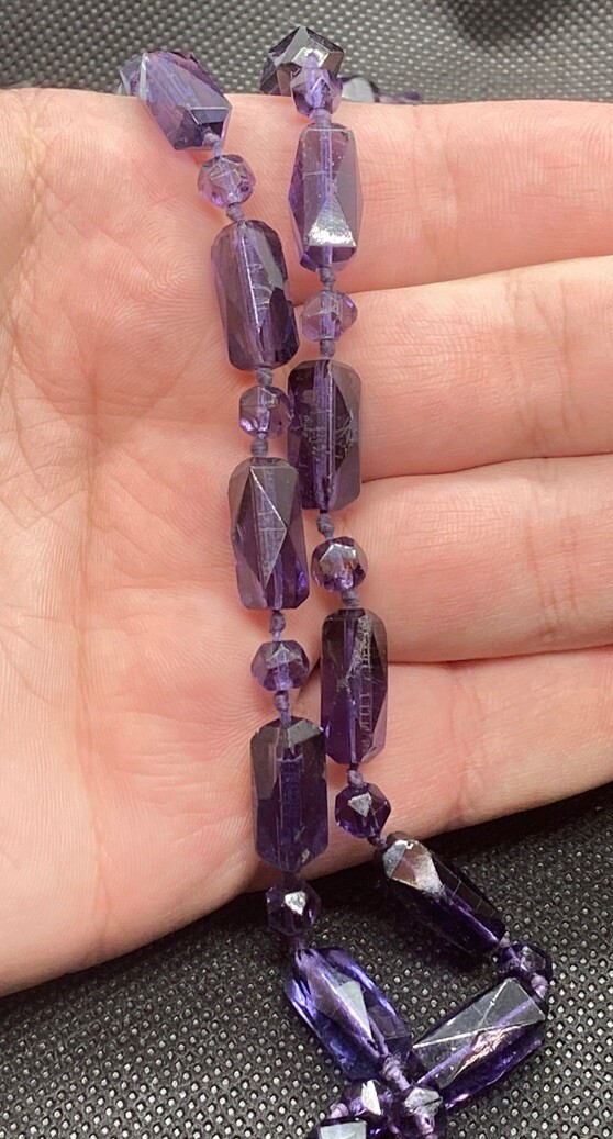 1920s Art Deco Necklace Faceted Amethyst Hand Knot Bead Opera Length 57 in
