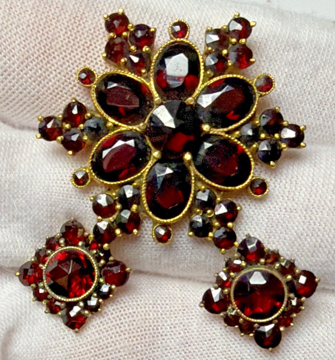 Victorian Red Garnet Star Snowflake Cluster Germany Brooch Pin Screw Earrings
