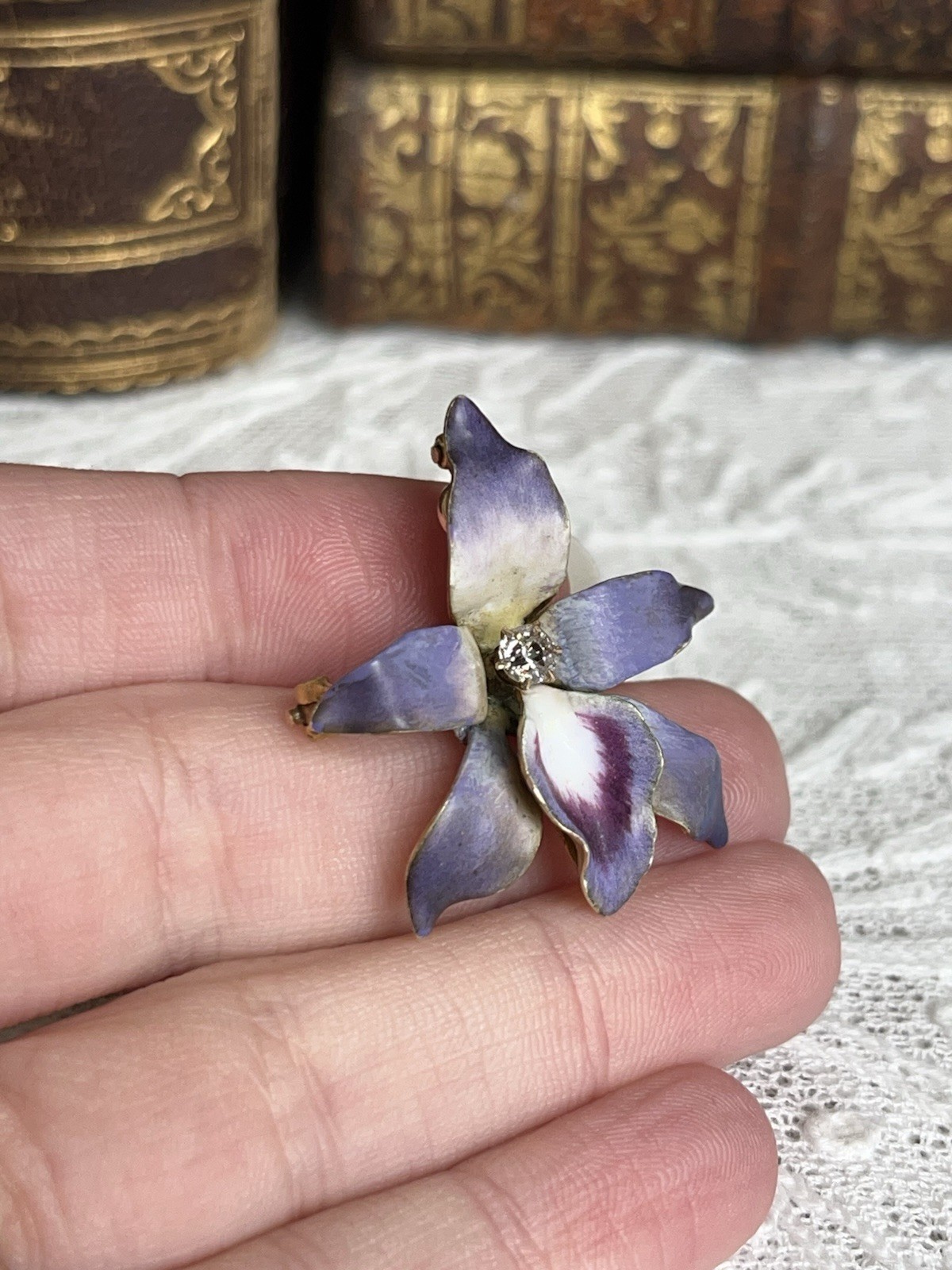 Antique Art Nouveau 14k Purple Enamel Diamond Orchid Brooch Pendant Original Box