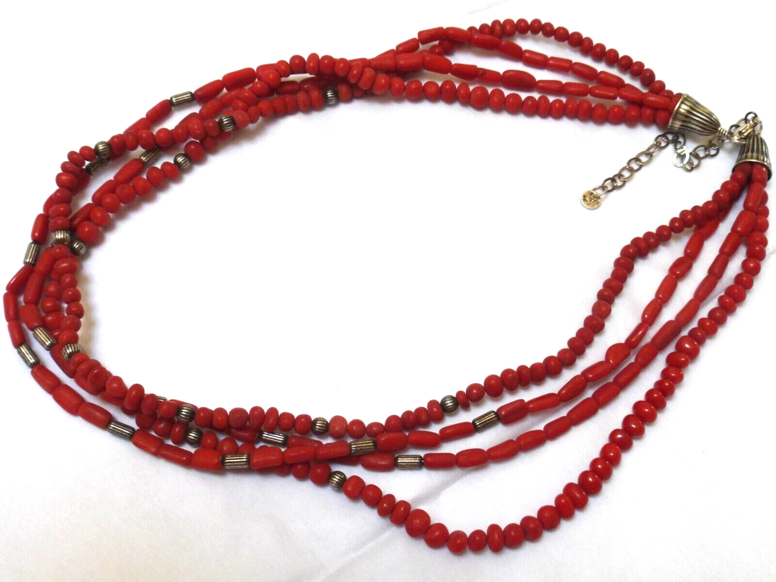 Vintage sterling silver red coral bead 4 stands necklace, undyed