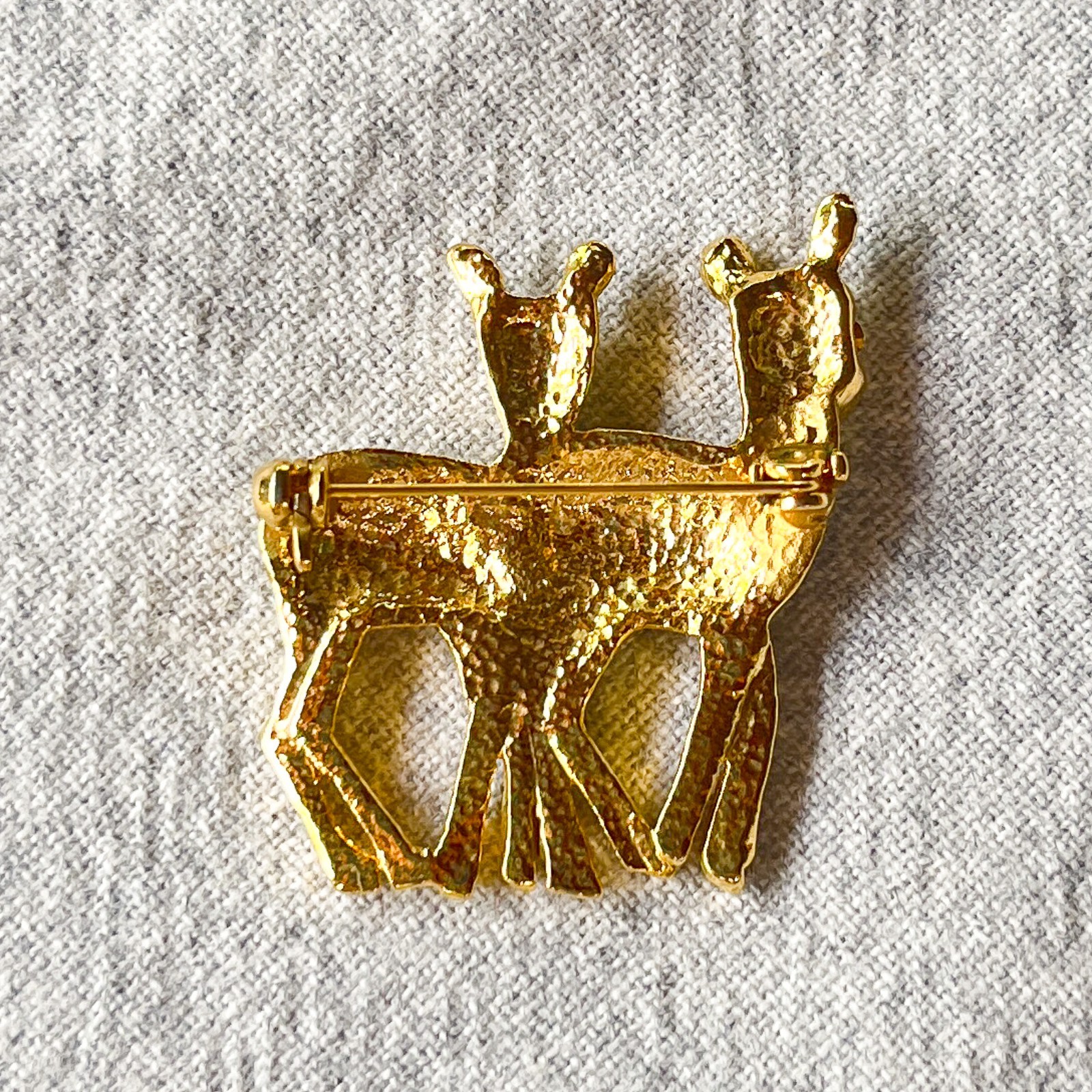 Ebony & Ivory Enamel Deer Brooch Rhinestone Gold Tone Animal Pin Costume Jewelry