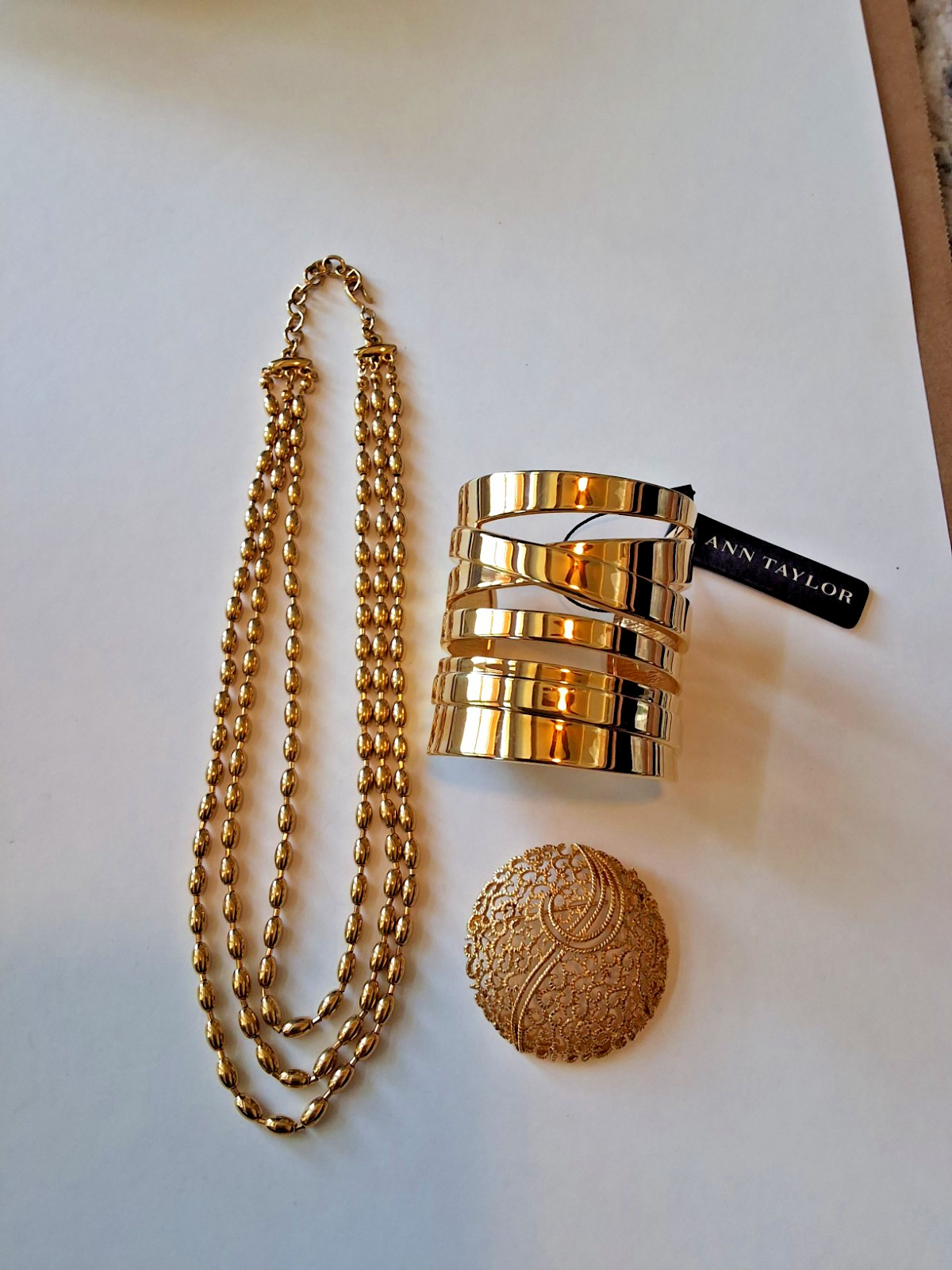 Gold Tone Monet Necklace, Ann Taylor Bracelet and Brooch.