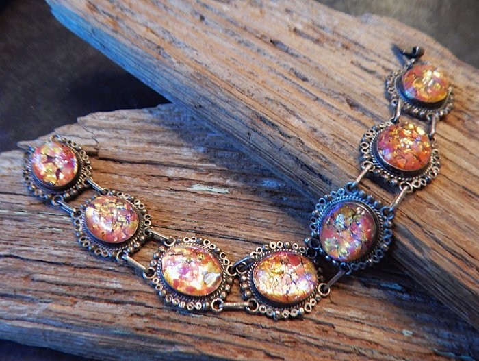 Vintage JOY MEX 925 Sterling Silver Dragons Breath Cabochon Link Bracelet K2