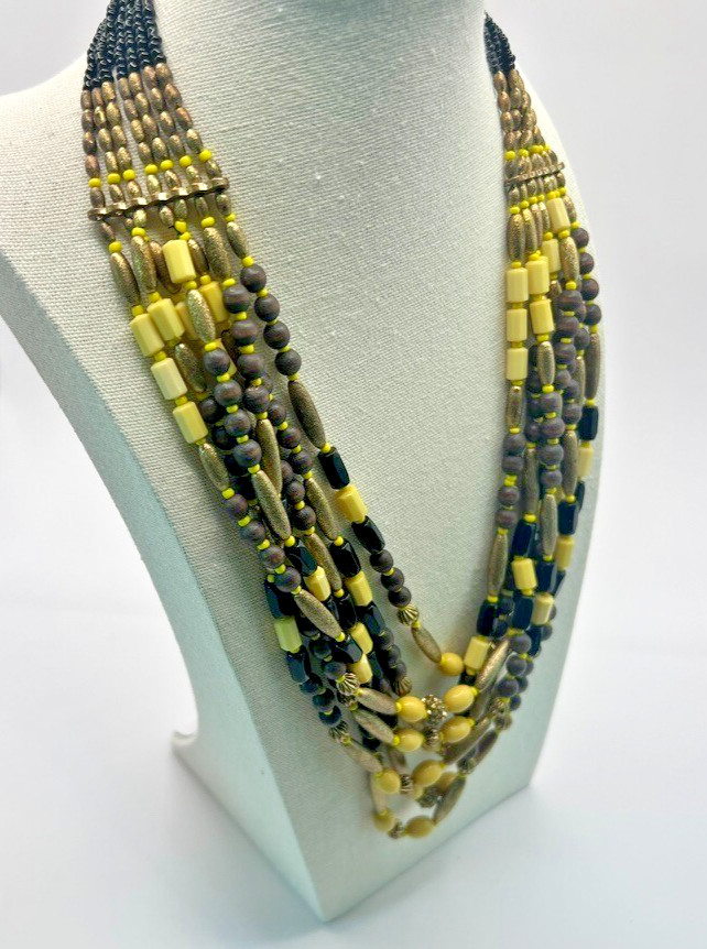 Vintage Boho Multi-Strand Necklace Yellow Black Natural Wood Seed Beads Earthy