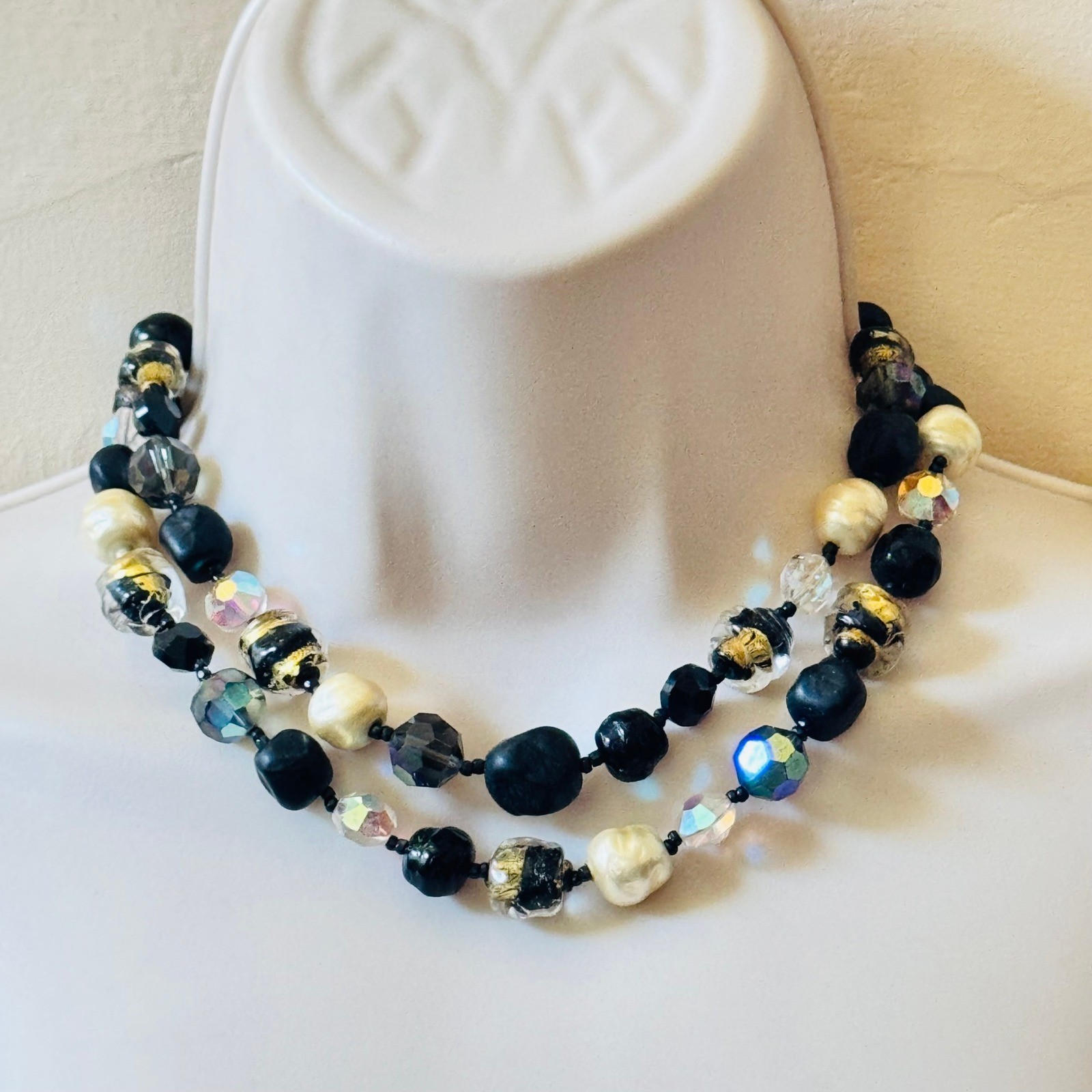 Vtg Crystal Glass Necklace Multi Venetian Gold Foil Choker 40s French Elegance