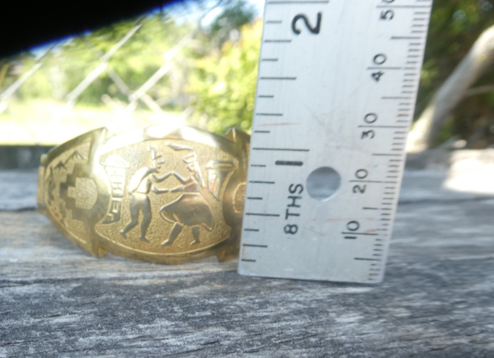 Inca Revival Brass Cuff Bracelet Gold tone Vintage