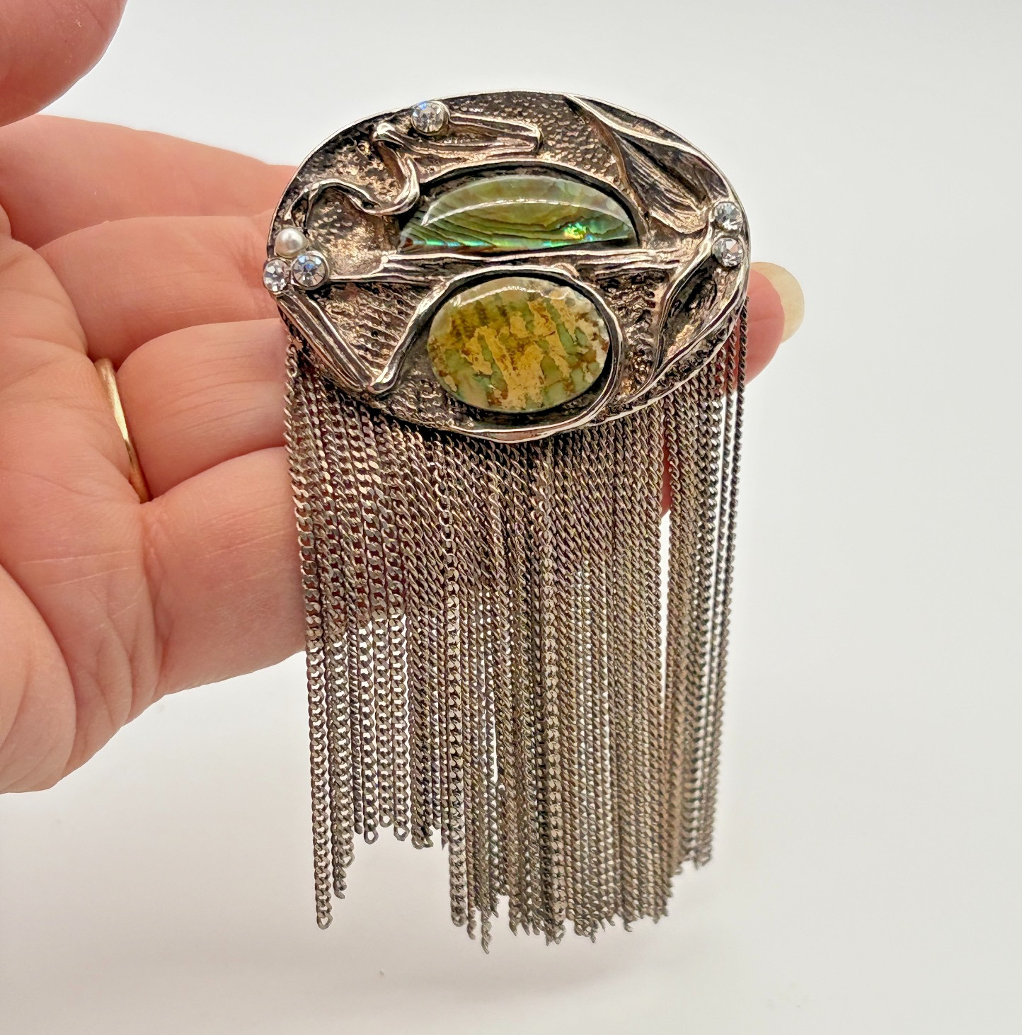 Vintage Modernist Art Nouveau Abalone Shell Waterfall Brooch Pin Fringe Chain