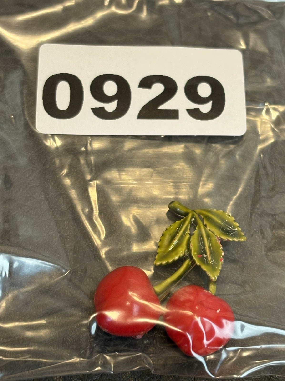 Vintage Enamel Red Green Cherry Brooch Gold Tone Pin