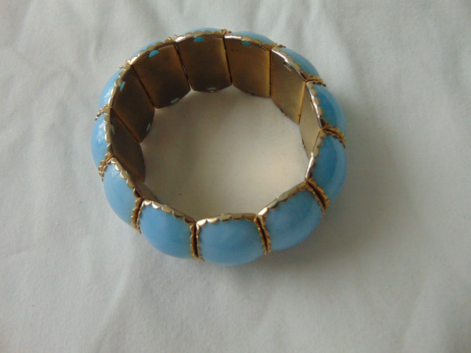 vintage antique blue plastic gold trim metal expandable bracelet