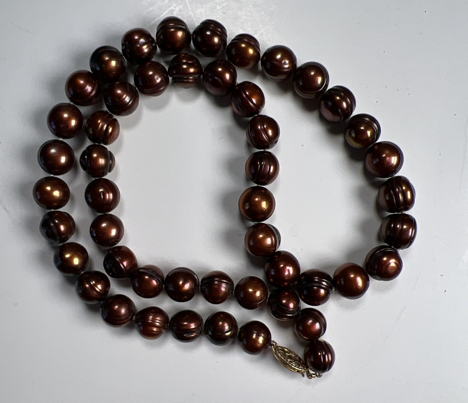 Copper Color Cultured Pearl Necklace w/ 14K CP Fish Hook Clasp 20″ Necklace