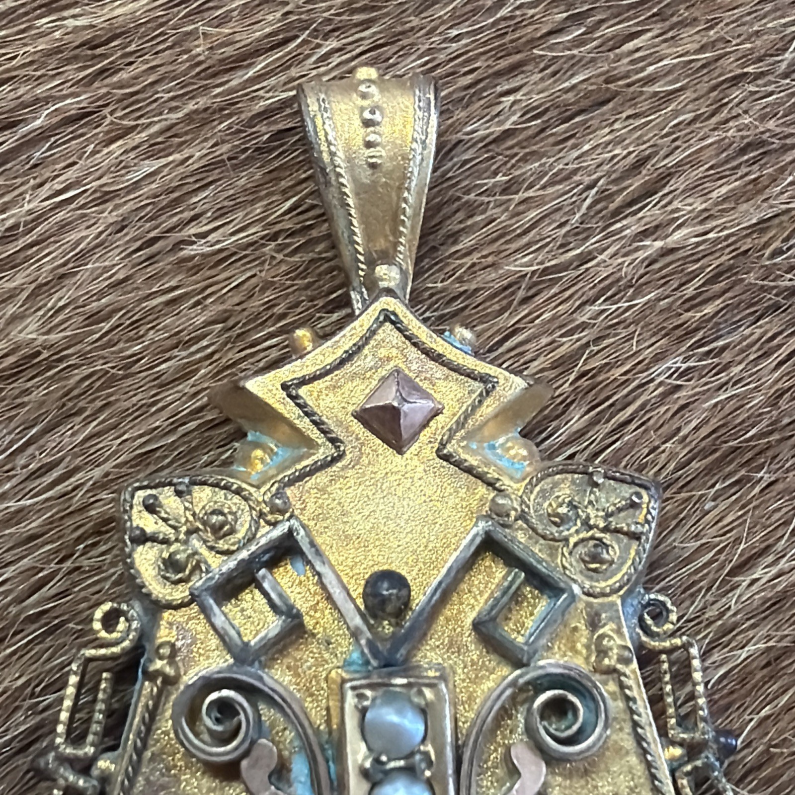 Vintage Late 1800’s Victorian Gold plated seed Pearl Etruscan Pendant/broach
