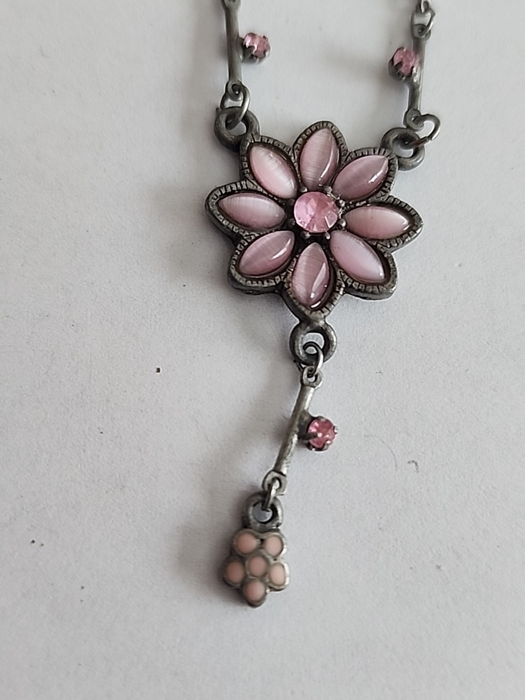 Vintage Whimsigoth Pink Flower Necklace Gunmetal Key Link Chain Goth Y2K Grunge