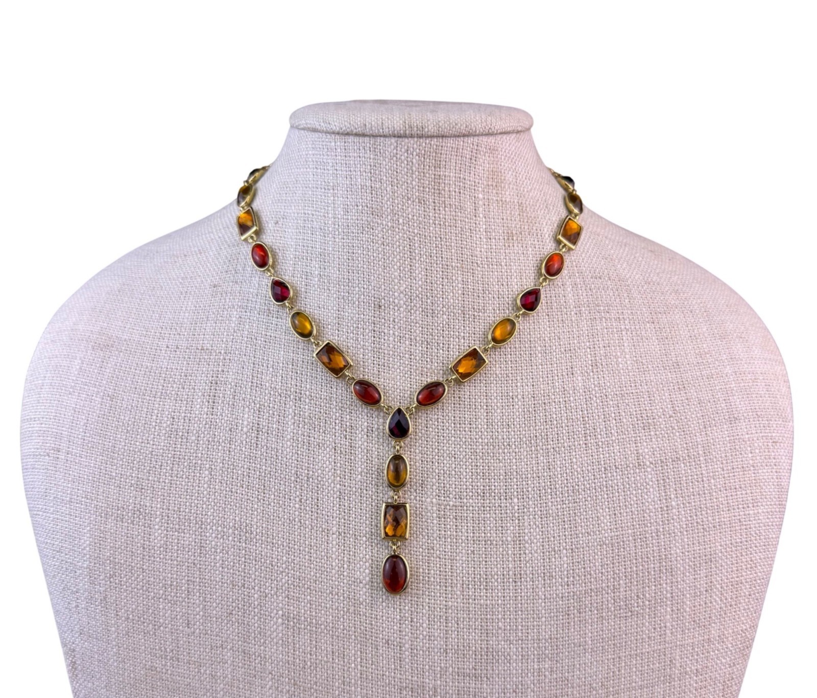 Vintage Statement Necklace Gold Tone Amber & Red Gemstones Bezel Set