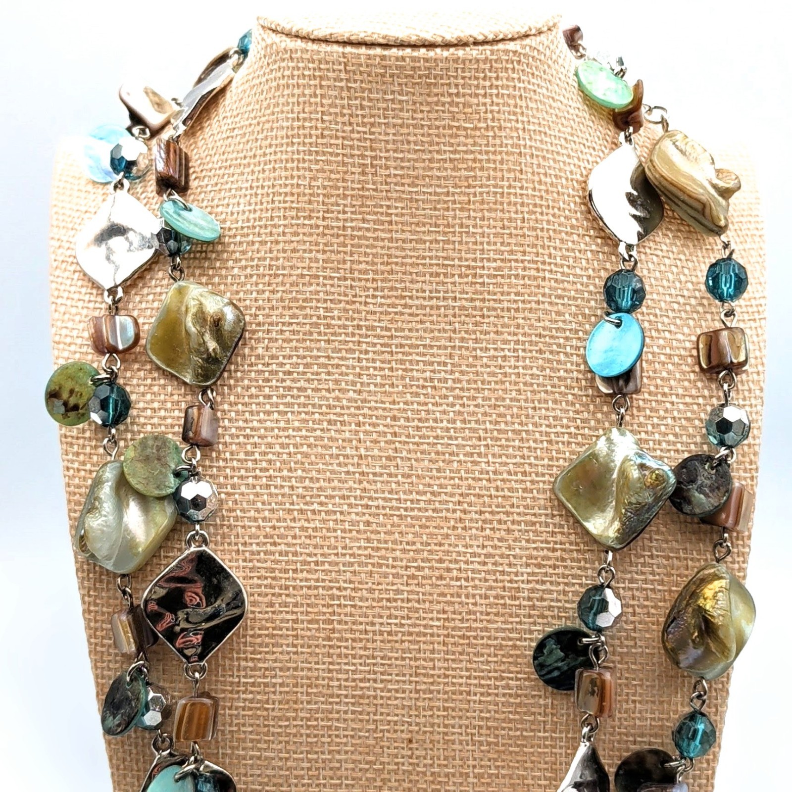Lia Sophia Signed “Ocean Air” Abalone Shell & Glass Beads Silver Tone Necklace
