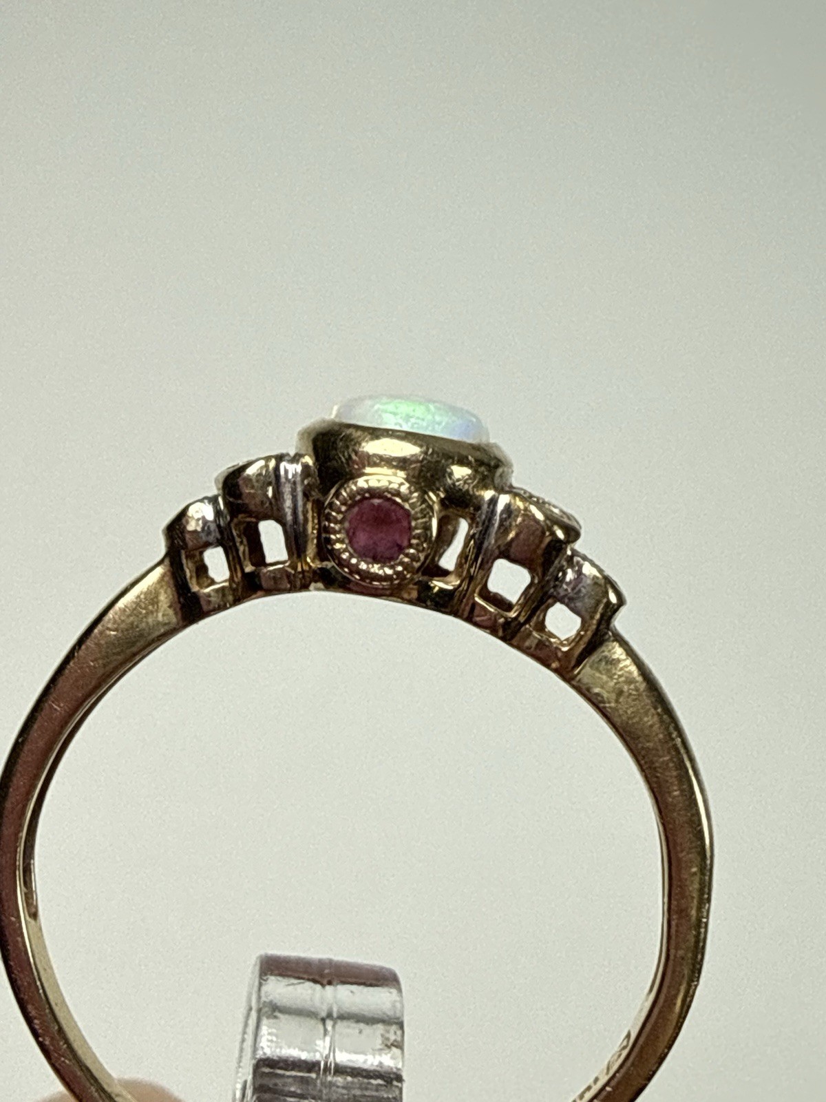 Vintage 10k Gold Opal Oval Cabochon Ring Diamonds Ruby Size 8.75
