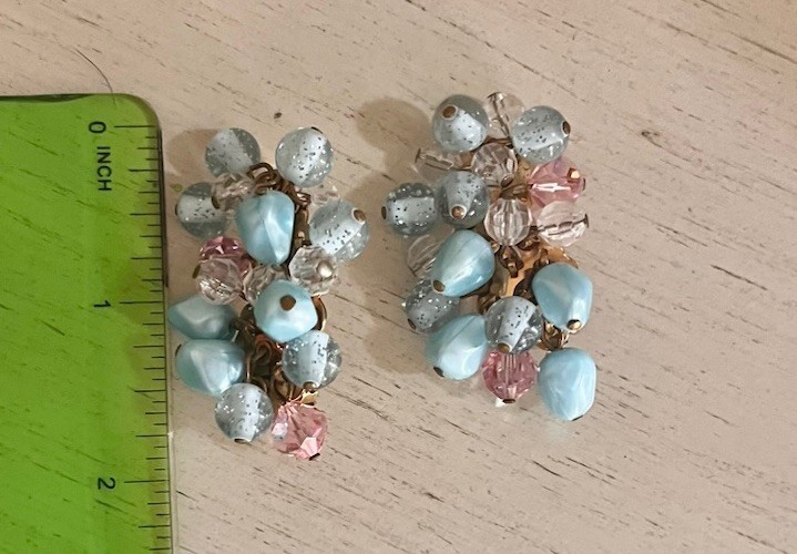 Vintage Aqua Light Blue Pink Beaded Cluster Crystal Clip On Statement Earrings