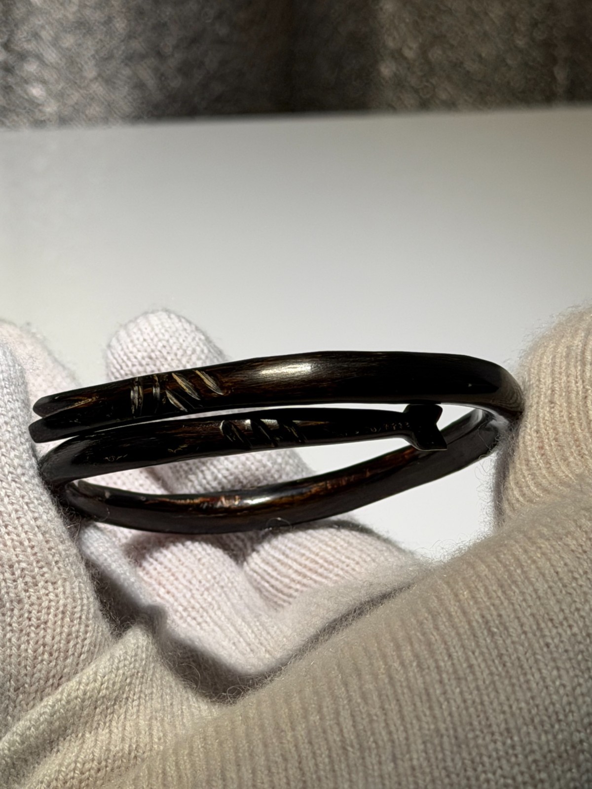 Vintage Black Coral Hand Carved Fish Bypass Bangle Bracelet