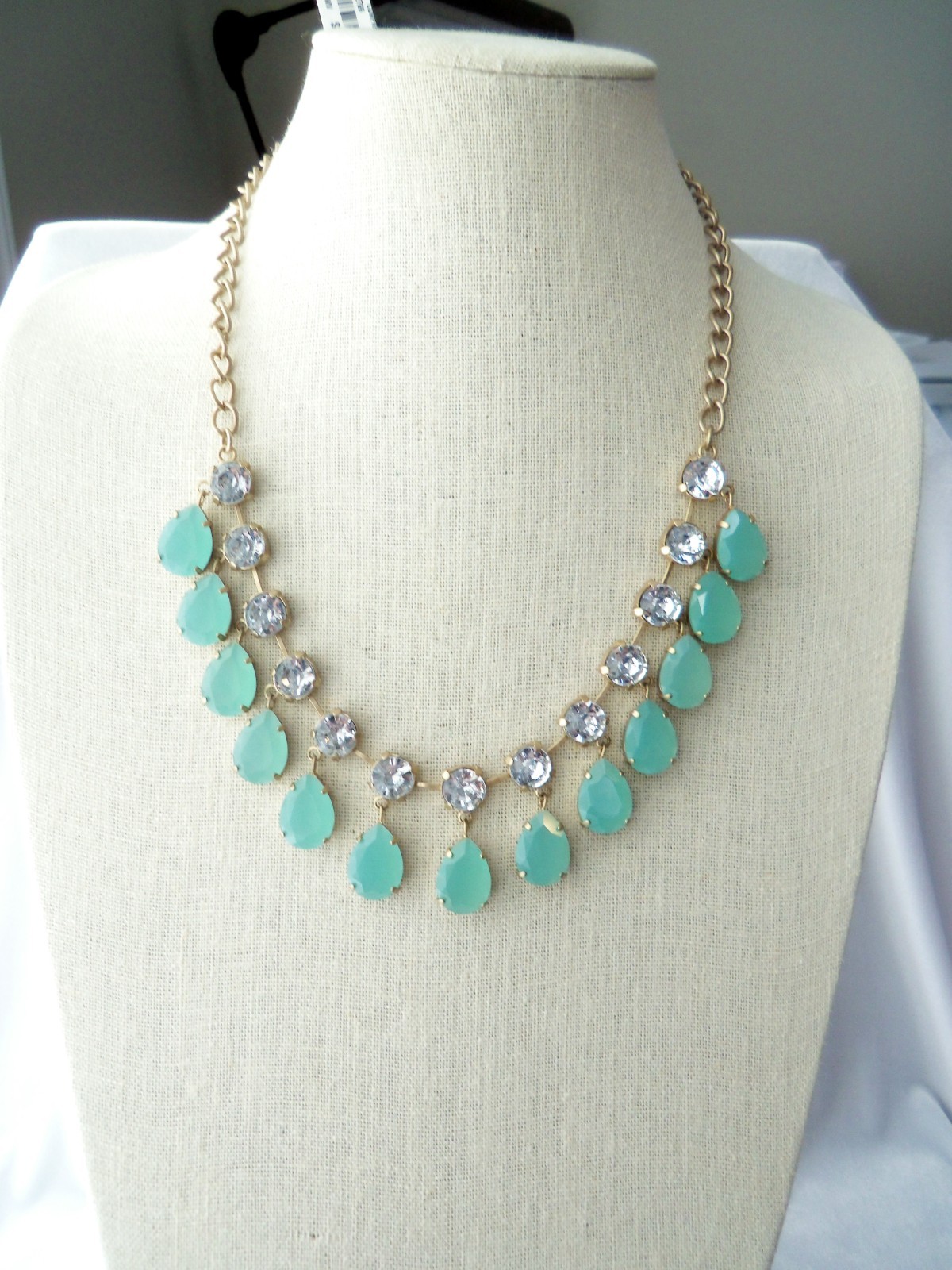 Danielle Stevens Mint Green Lucite Crystal Stones Fringe Bib Statement Necklace