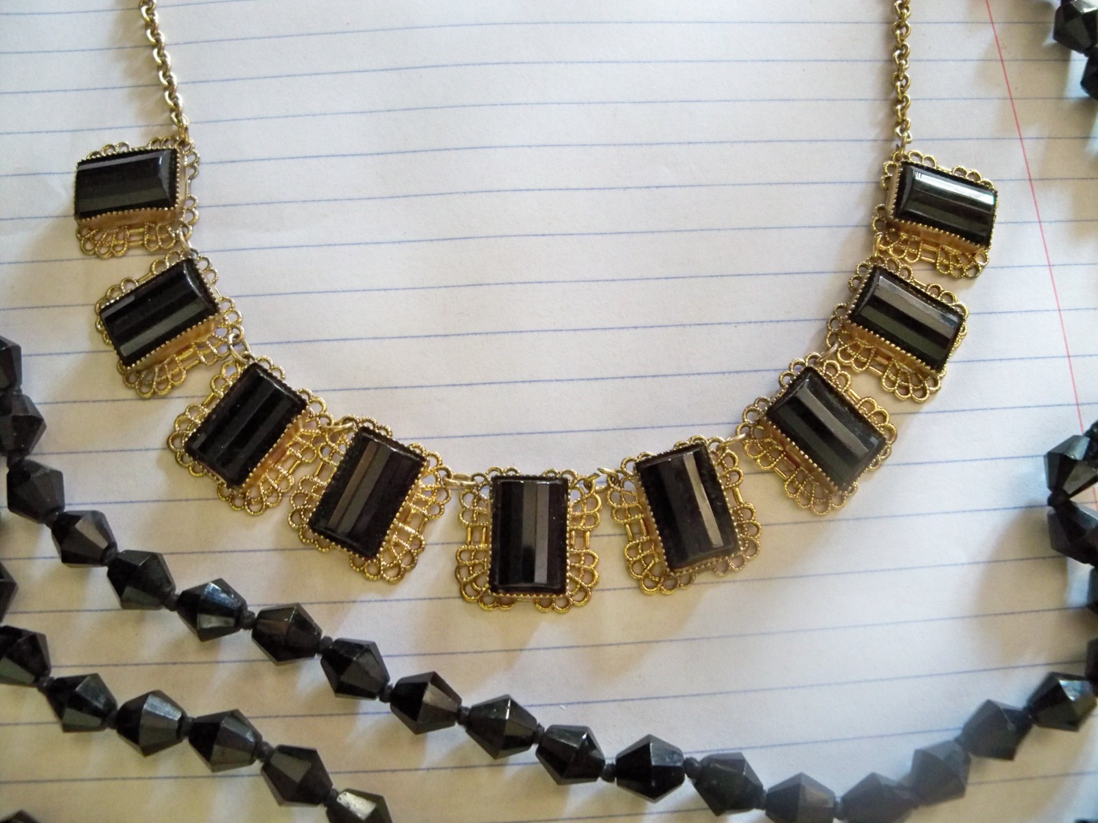 WOW 60″ BICONE flapper necklace lot mourning gold tone collar gothic revival