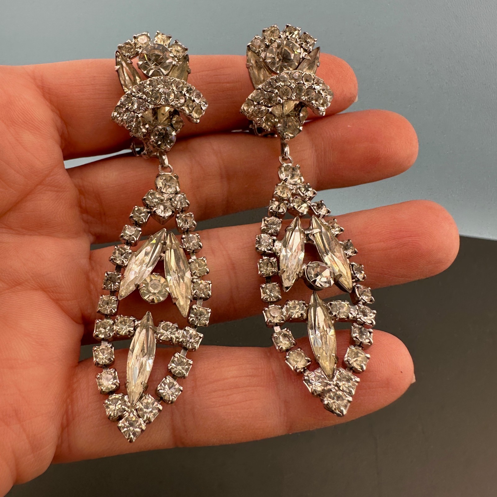 Vintage Rhinestone Earrings Chandelier Drop Clip On Statement Bridal Art Deco