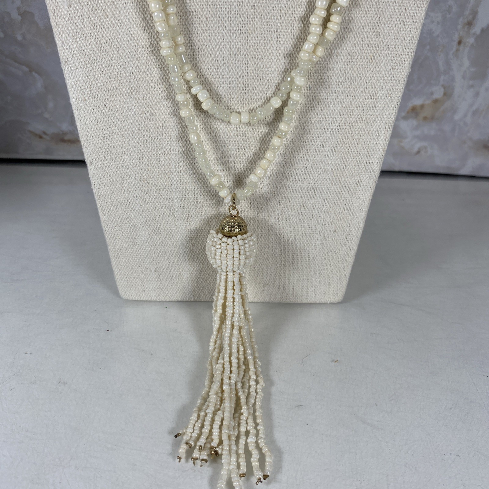 Vintage Beaded Long Necklace Tassel Off White Cream