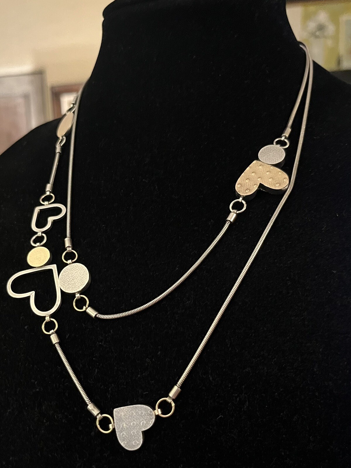 Vtg Estate Mid Century Modernist Textured Sterling Gold Hearts Station Necklace