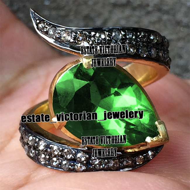 0.78Ctw Rose Cut Diamond Emerald Studded Silver Victorian Gorgeous Ring Jewelry