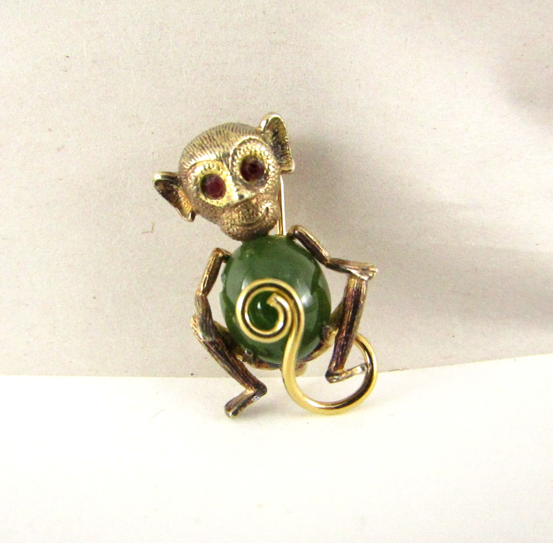 Vintage Estate AC Sterling Silver & Nephrite Jade Brooch Pin Monkey 1”