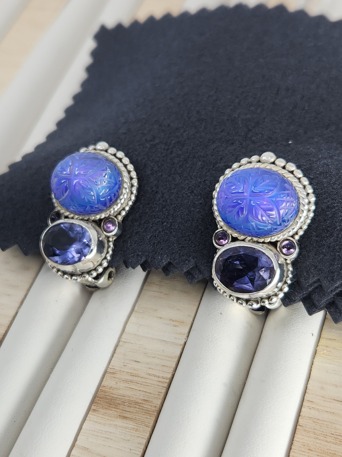 Stephen Dweck Sterling Silver Carved Blue Quartz Iolite Clip On Earrings