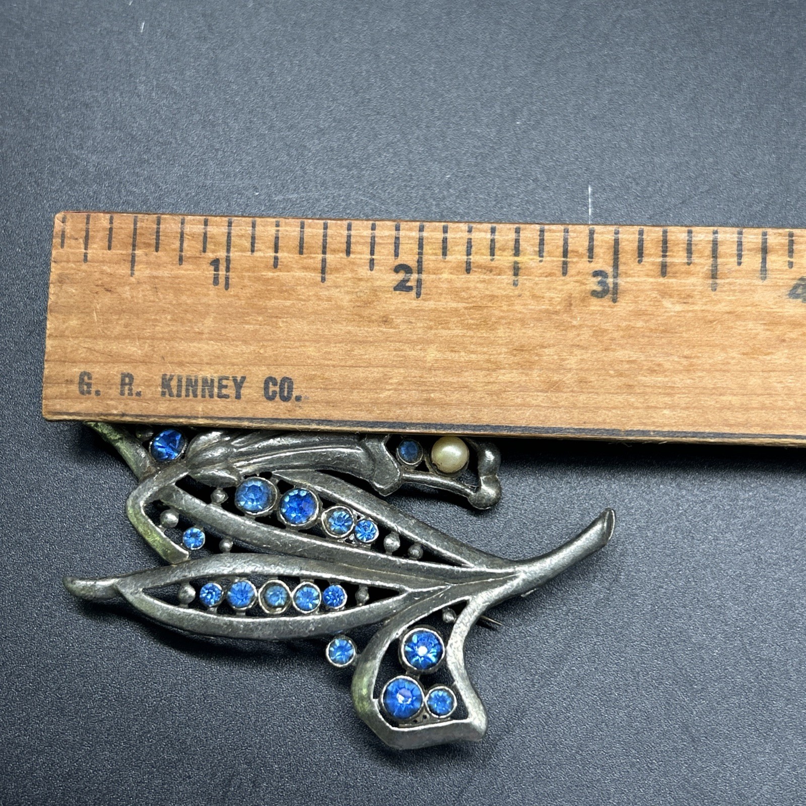 Vintage Pot Metal Brooch Large Floral Flower Pin Blue Rhinestones 3”