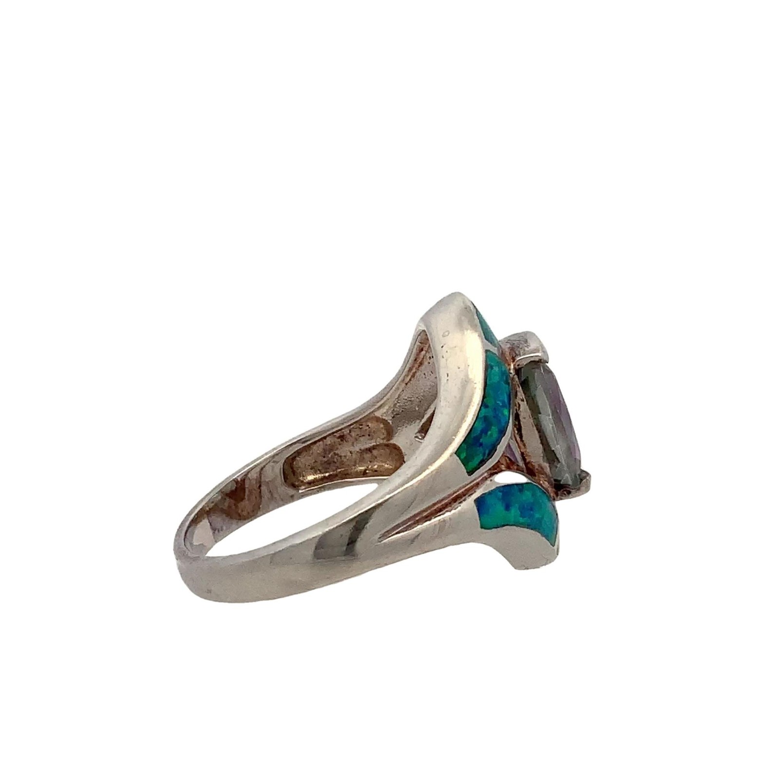 Mystic Topaz and Blue Fire Opal Inlay Vintage 925 Sterling Silver Ring sz 7 1/2