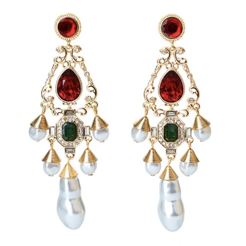 Baroque Chandelier Earrings Gold Red Faux Pearl Pierced Dangle Ornate Runway