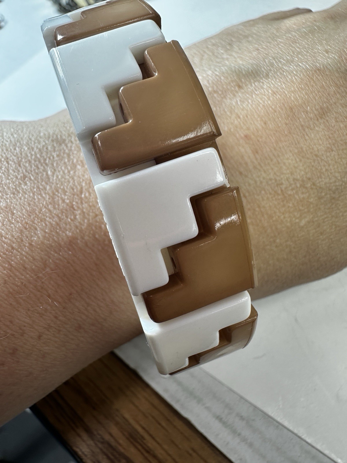 Vintage Bracelet Puzzle Western Germany Plastic White Brown Bangle