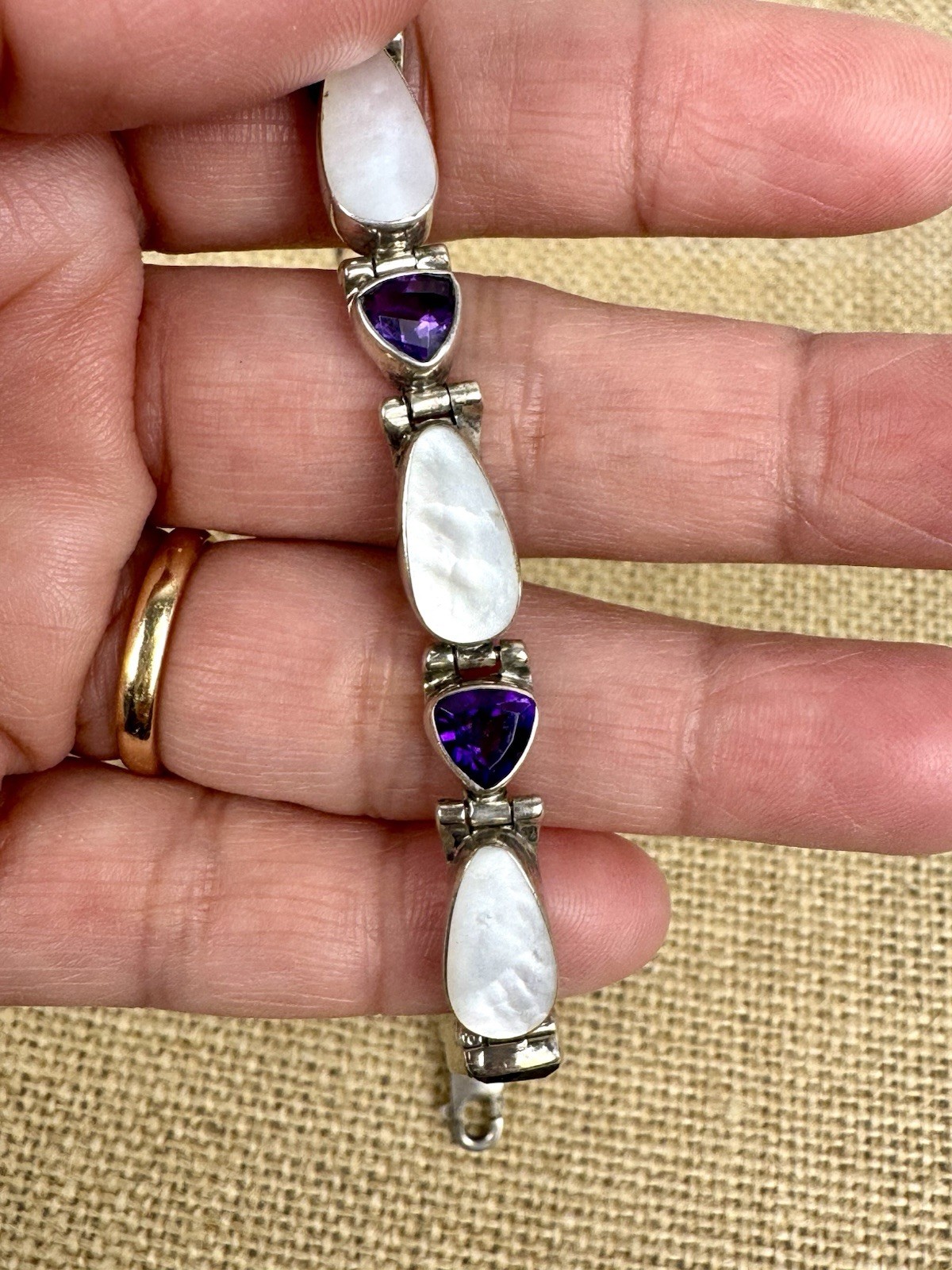 Vintage Acleoni Silver 925 Trillion Amethyst & Luminous Mother Of Pearl Bracelet