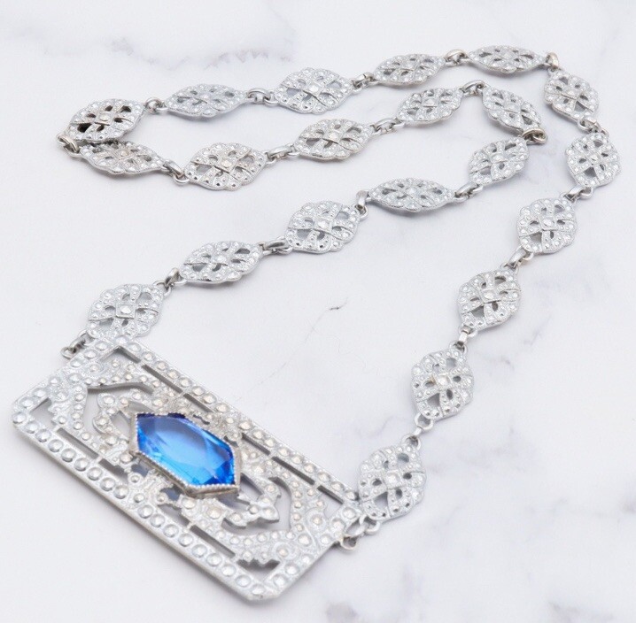Antique Art Deco Blue Lozenge Shape Plaque Rhodium Plated Sterling Necklace