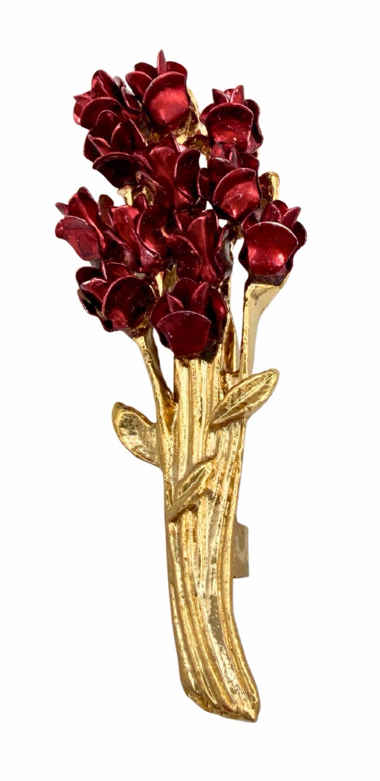 Vintage Dozen Red Rose Bouquet Red Gold Tone Metal Lapel Pin Brooch Valentines
